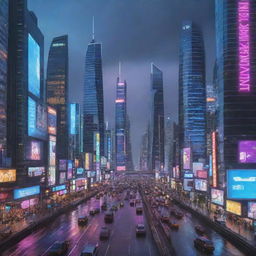 A futuristic city named Bform, filled with sleek, streamlined skyscrapers and digital billboards. Advanced technology is ubiquitous, people move on levitating vehicles, and multi-colored neon lights lend the city an ethereal glow during the night.