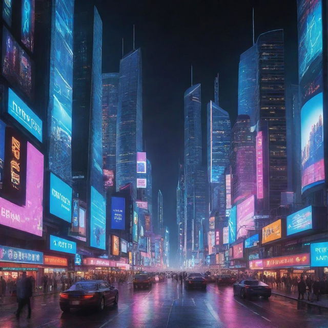 A futuristic city named Bform, filled with sleek, streamlined skyscrapers and digital billboards. Advanced technology is ubiquitous, people move on levitating vehicles, and multi-colored neon lights lend the city an ethereal glow during the night.