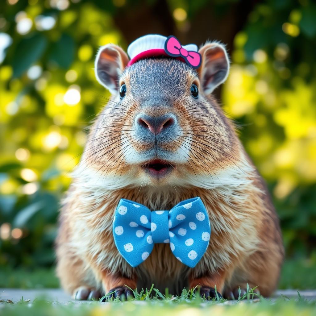 A cute capybara wearing a charming Hello Kitty style bow tie and a small, fashionable hat