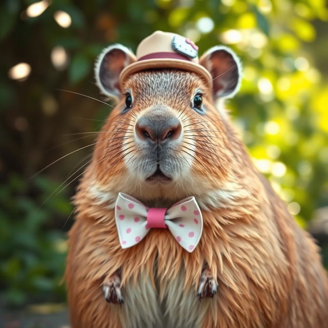 A cute capybara wearing a charming Hello Kitty style bow tie and a small, fashionable hat