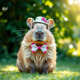 A cute capybara wearing a charming Hello Kitty style bow tie and a small, fashionable hat