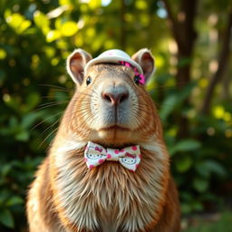 A cute capybara wearing a charming Hello Kitty style bow tie and a small, fashionable hat