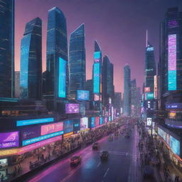 A futuristic city named Bform, filled with sleek, streamlined skyscrapers and digital billboards. Advanced technology is ubiquitous, people move on levitating vehicles, and multi-colored neon lights lend the city an ethereal glow during the night.