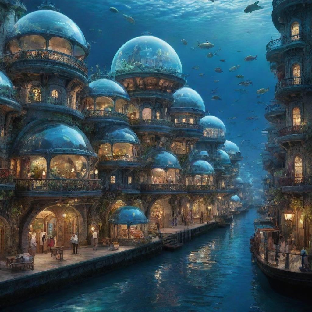 An aquapunk city bustling under the sea. Breathtaking crystal domes house coral-covered buildings, bio-luminescent street lights illuminate the bustling thoroughfares, submarines navigate the waterways, and citizens in sophisticated diving suits walk and swim amongst a striking variety of marine life.