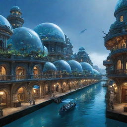 An aquapunk city bustling under the sea. Breathtaking crystal domes house coral-covered buildings, bio-luminescent street lights illuminate the bustling thoroughfares, submarines navigate the waterways, and citizens in sophisticated diving suits walk and swim amongst a striking variety of marine life.