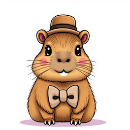 A cute capybara wearing a hat and a bow tie, drawn in the style of Hello Kitty