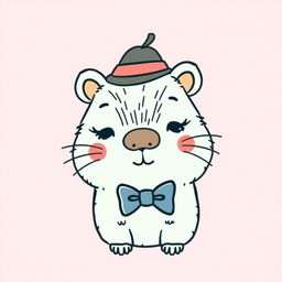 A cute capybara wearing a hat and a bow tie, drawn in the style of Hello Kitty