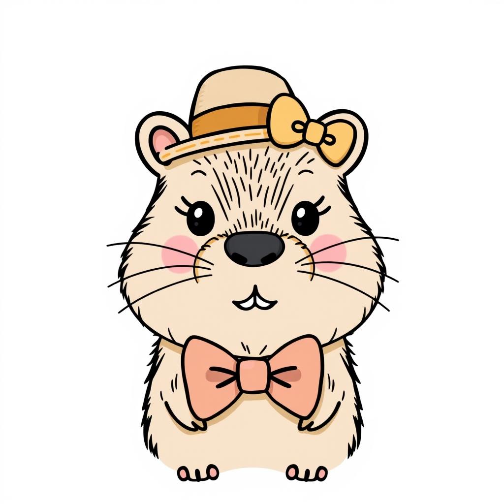 A cute capybara wearing a hat and a bow tie, drawn in the style of Hello Kitty