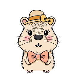 A cute capybara wearing a hat and a bow tie, drawn in the style of Hello Kitty