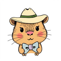 A cute capybara wearing a hat and a bow tie, drawn in the style of Hello Kitty