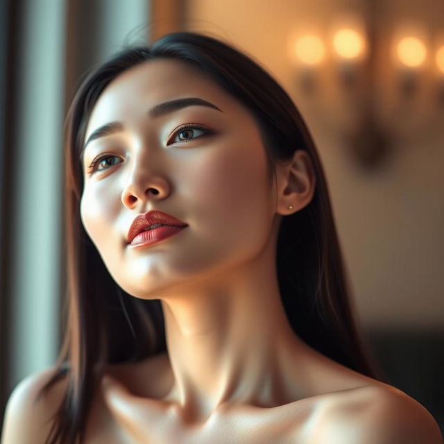 A beautiful Asian woman shown from the shoulders up, highlighting her graceful neckline and gentle expression