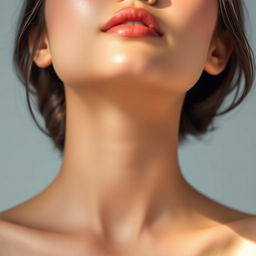 A beautiful Asian woman shown from the shoulders up, highlighting her graceful neckline and gentle expression