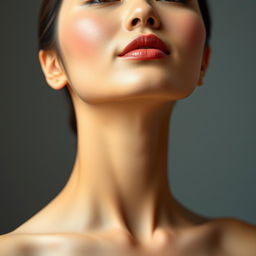 A beautiful Asian woman shown from the shoulders up, highlighting her graceful neckline and gentle expression