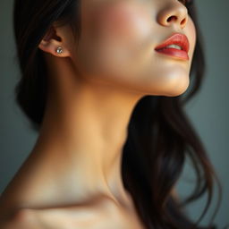 A beautiful Asian woman shown from the shoulders up, highlighting her graceful neckline and gentle expression