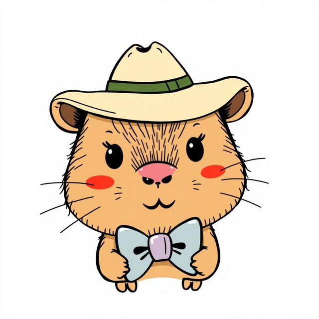 A cute capybara with a charming hat and bow tie, illustrated in the style of Hello Kitty