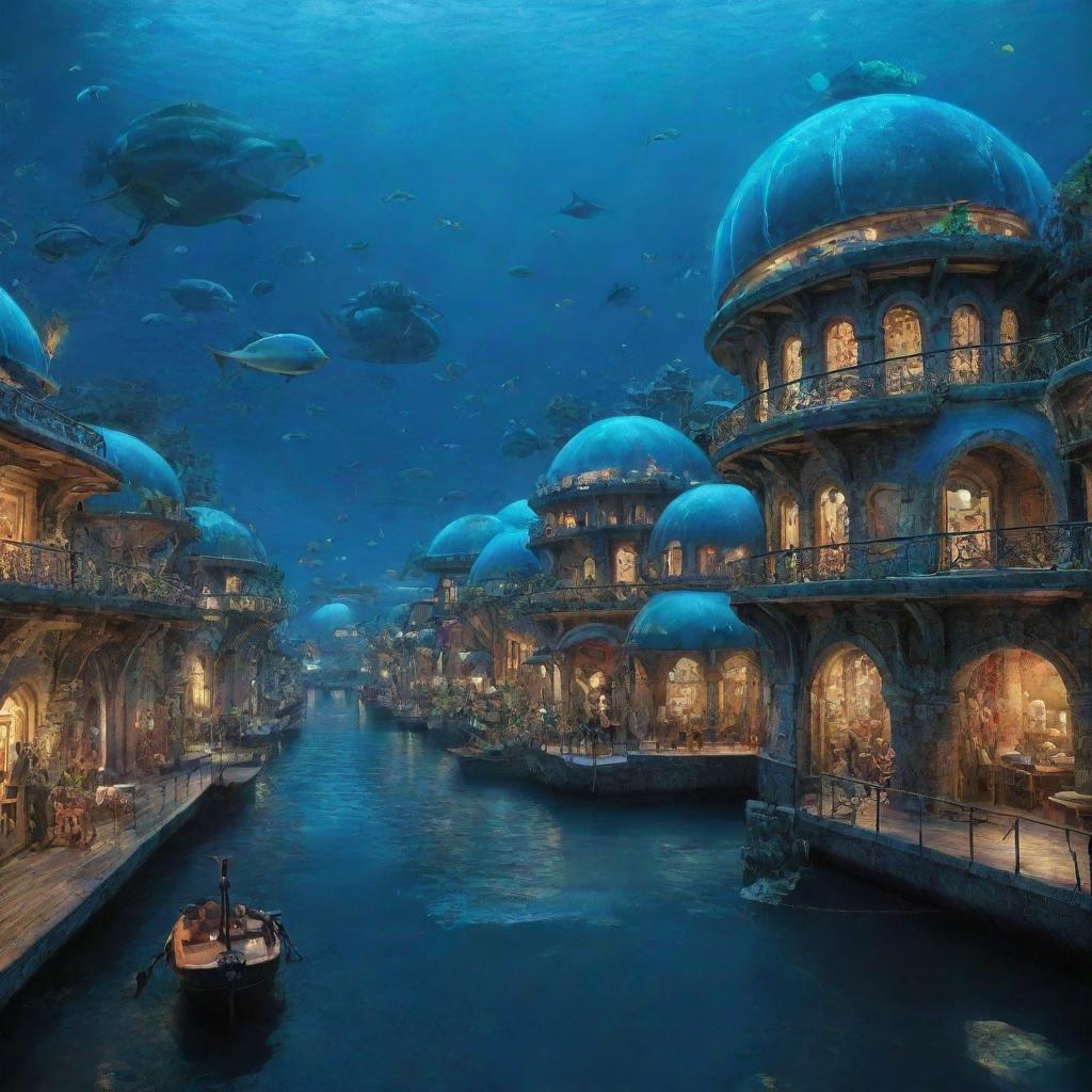 An aquapunk city bustling under the sea. Breathtaking crystal domes house coral-covered buildings, bio-luminescent street lights illuminate the bustling thoroughfares, submarines navigate the waterways, and citizens in sophisticated diving suits walk and swim amongst a striking variety of marine life.