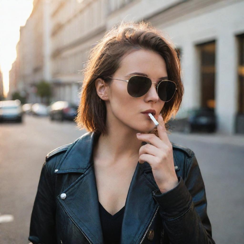 A stylish girl in a leather jacket and sunglasses, casually smoking a cigarette on a city street at sunset.