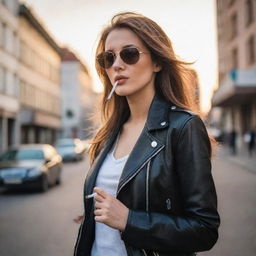 A stylish girl in a leather jacket and sunglasses, casually smoking a cigarette on a city street at sunset.