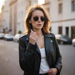 A stylish girl in a leather jacket and sunglasses, casually smoking a cigarette on a city street at sunset.