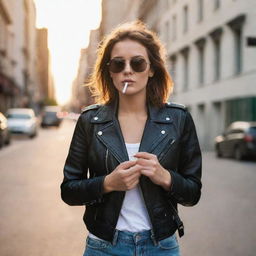 A stylish girl in a leather jacket and sunglasses, casually smoking a cigarette on a city street at sunset.