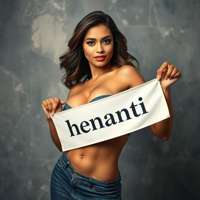 A confident and empowered woman striking a bold pose, playfully holding a banner displaying the word 'henati'