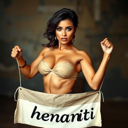 A confident and empowered woman striking a bold pose, playfully holding a banner displaying the word 'henati'