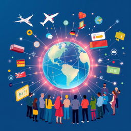 A digital illustration representing globalization, featuring interconnected symbols like the globe, technology, diverse cultures, international trade, and communication