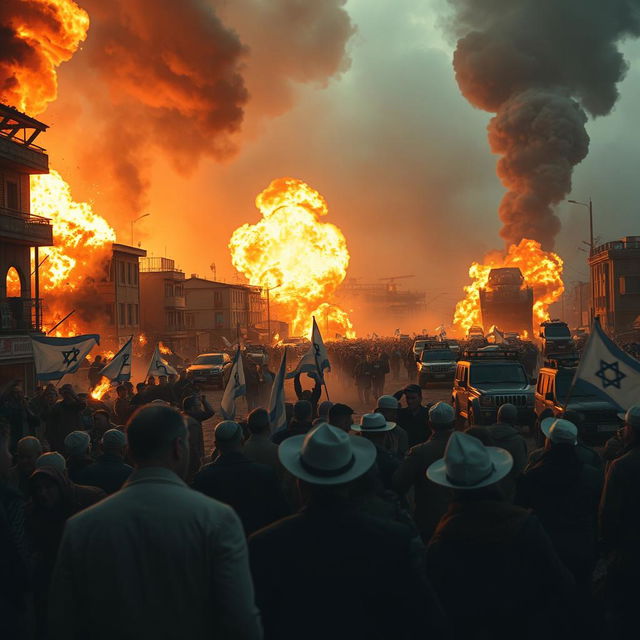 Intense scene of a war-torn city with buildings engulfed in flames and smoke billowing into the sky