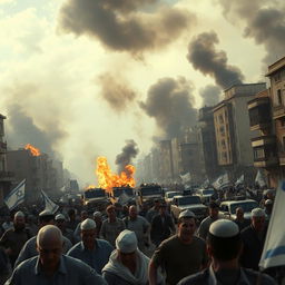 Intense scene of a war-torn city with buildings engulfed in flames and smoke billowing into the sky