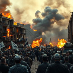 Intense scene of a war-torn city with buildings engulfed in flames and smoke billowing into the sky