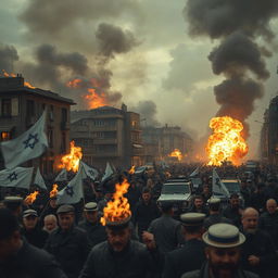 Intense scene of a war-torn city with buildings engulfed in flames and smoke billowing into the sky