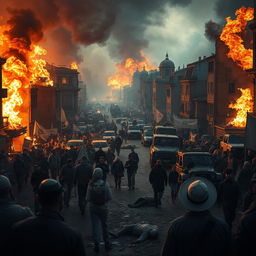 Intense depiction of a war-ravaged city