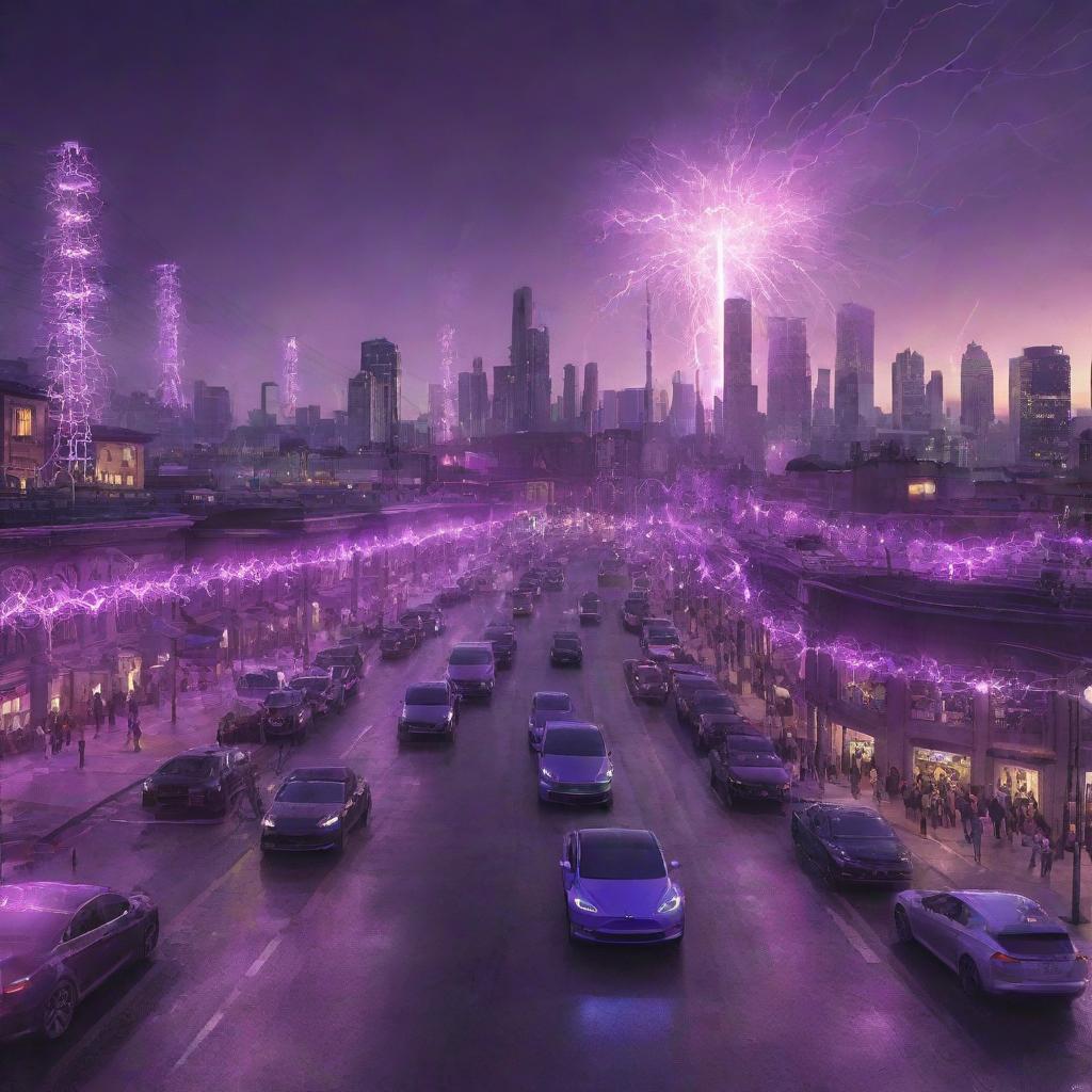 A buzzing Teslapunk city filled with grand towers crowned with Tesla coils, sparking electricity wires crisscrossing the skyline. Streets are lined with electric cars, trams powered by tesla sphere generators, and citizens in unique period attire mingling under the undulating purple glow of electrical discharge.