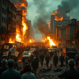 Intense depiction of a war-ravaged city