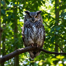 A majestic owl perched on a tree branch in a dense forest, with its large, expressive eyes looking towards the viewer