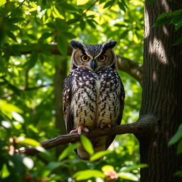 A majestic owl perched on a tree branch in a dense forest, with its large, expressive eyes looking towards the viewer