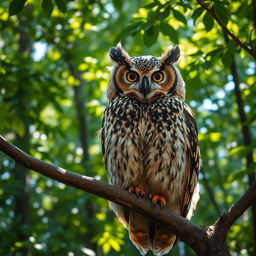 A majestic owl perched on a tree branch in a dense forest, with its large, expressive eyes looking towards the viewer