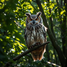 A majestic owl perched on a tree branch in a dense forest, with its large, expressive eyes looking towards the viewer