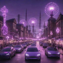 A buzzing Teslapunk city filled with grand towers crowned with Tesla coils, sparking electricity wires crisscrossing the skyline. Streets are lined with electric cars, trams powered by tesla sphere generators, and citizens in unique period attire mingling under the undulating purple glow of electrical discharge.