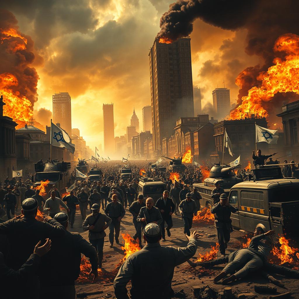 A visually striking film poster depicting a dramatic war-torn city in chaos