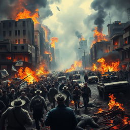 A visually striking film poster depicting a dramatic war-torn city in chaos