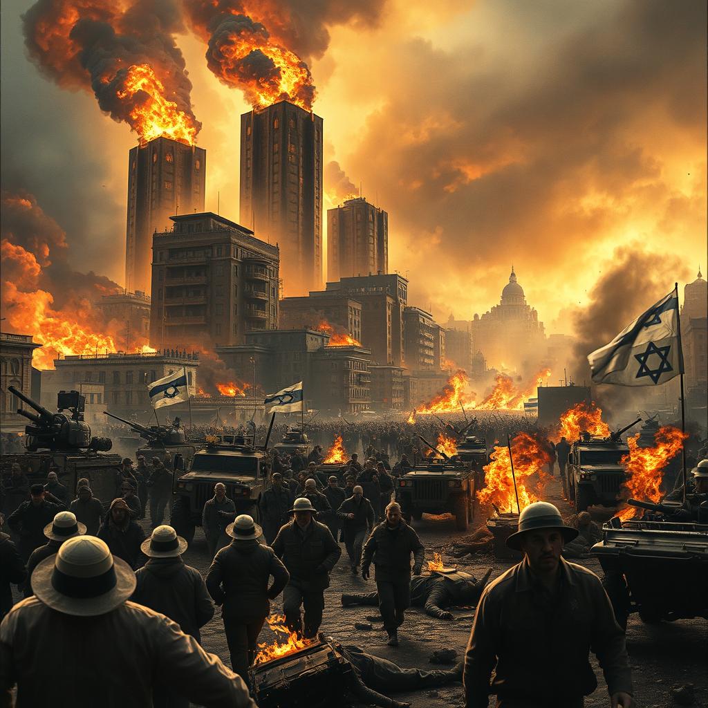 A visually striking film poster depicting a dramatic war-torn city in chaos