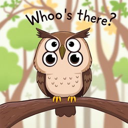 A comical and whimsical owl perched on a tree branch, its eyes wide open in a humorous expression