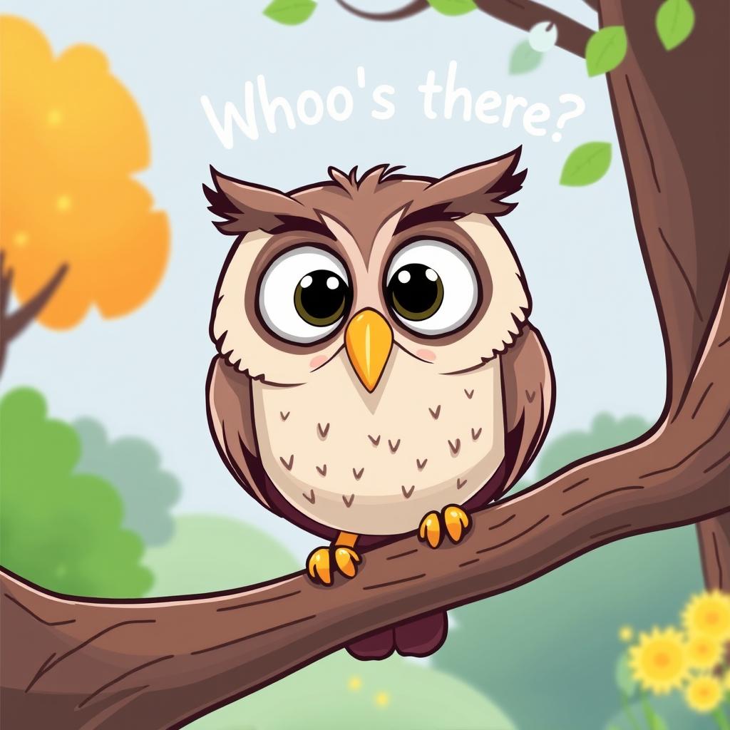 A comical and whimsical owl perched on a tree branch, its eyes wide open in a humorous expression