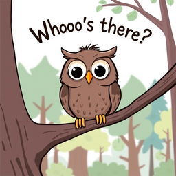 A comical and whimsical owl perched on a tree branch, its eyes wide open in a humorous expression