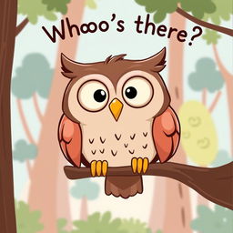 A comical and whimsical owl perched on a tree branch, its eyes wide open in a humorous expression