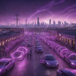 A buzzing Teslapunk city filled with grand towers crowned with Tesla coils, sparking electricity wires crisscrossing the skyline. Streets are lined with electric cars, trams powered by tesla sphere generators, and citizens in unique period attire mingling under the undulating purple glow of electrical discharge.