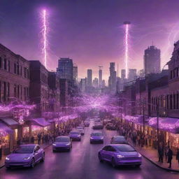 A buzzing Teslapunk city filled with grand towers crowned with Tesla coils, sparking electricity wires crisscrossing the skyline. Streets are lined with electric cars, trams powered by tesla sphere generators, and citizens in unique period attire mingling under the undulating purple glow of electrical discharge.