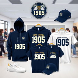 A stylish and trendy line of merchandise for School 1905, featuring hoodies, t-shirts, and caps