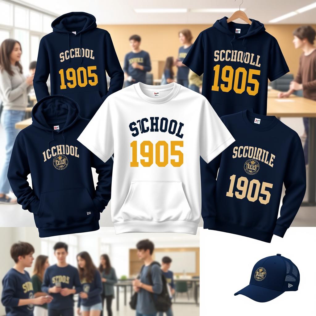 A stylish and trendy line of merchandise for School 1905, featuring hoodies, t-shirts, and caps